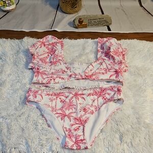 Janie and Jack Girls Swimsuit‎ Size 18 White Pink Tropical Ruffle Two Piece